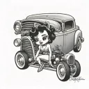 Betty boop sitting on the hood of a hot rod tattoo design idea