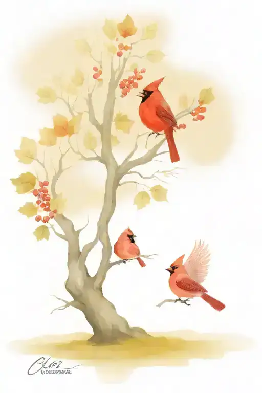 a winter oak tree with cardinals on the branches representing family that is now in heaven.  tattoo design idea
