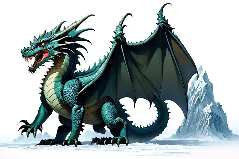 American dragon standing on a frozen mountain with an orgy below tattoo design idea