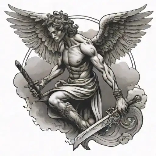 fallen angel, cloud background, angel holding a sword tattoo design idea