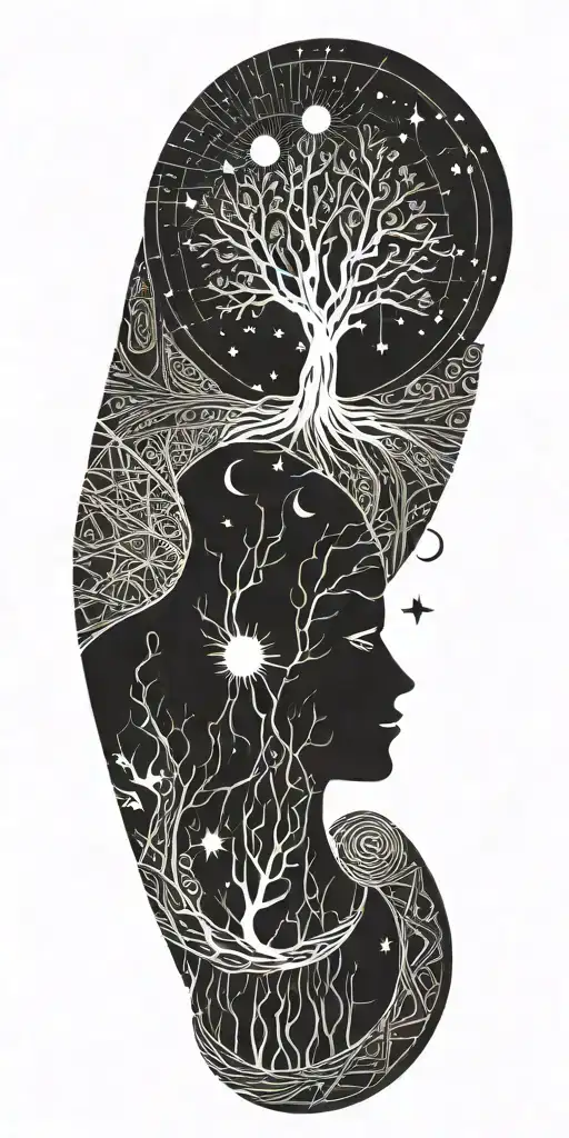 sun and moon,aquarius, tree and fire tattoo design idea