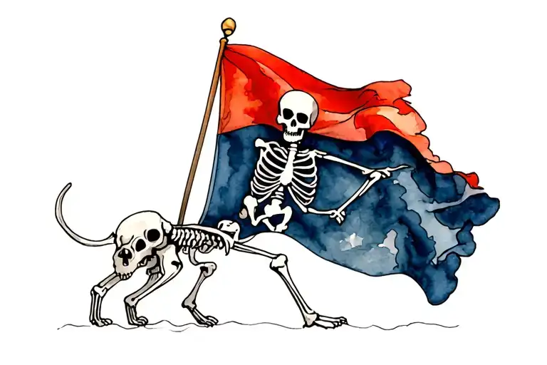 Pirate flag of skeleton walking a skeleton dog tattoo design idea