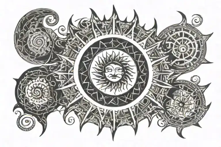 Sun with radiating rays, crescent Moon, and Raiju lightning beast, sharp geometric patterns symbolizing energy tattoo design idea
