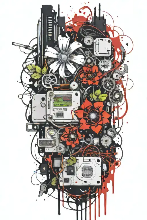 cyberware, motherboard, flower, vine tattoo design idea