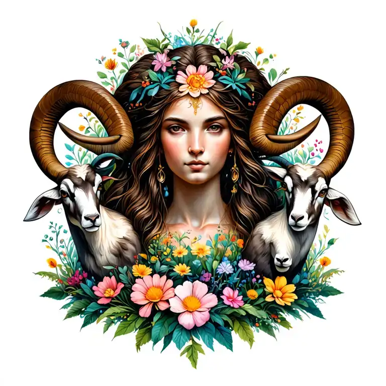 Aries goddess surrounded by rams in a valley of flowers tattoo design idea