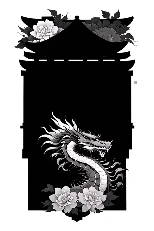 japanese samurai, temple, floral dragon piece tattoo design idea