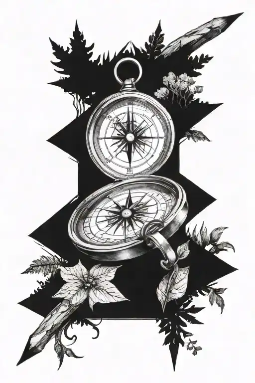 pencil drawing a compass intertwined with a forest  tattoo design idea