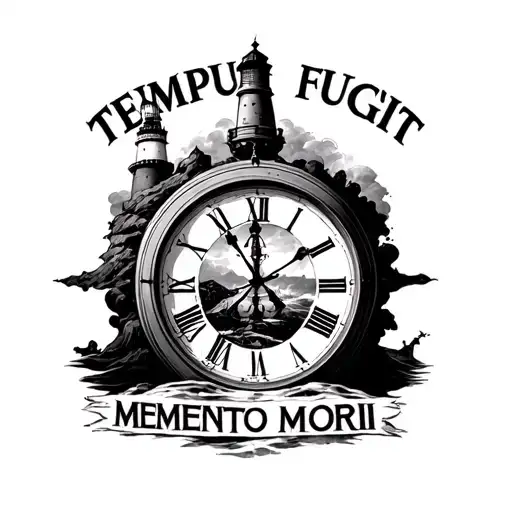 clock with text "TEMPUS FUGIT" above and "MEMENTO MORI" below and a lighthouse in the clock tattoo design idea