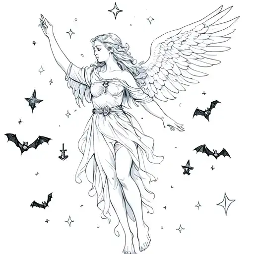 angelic angel reaching up to stars with small bats around her with a anchor  tattoo design idea