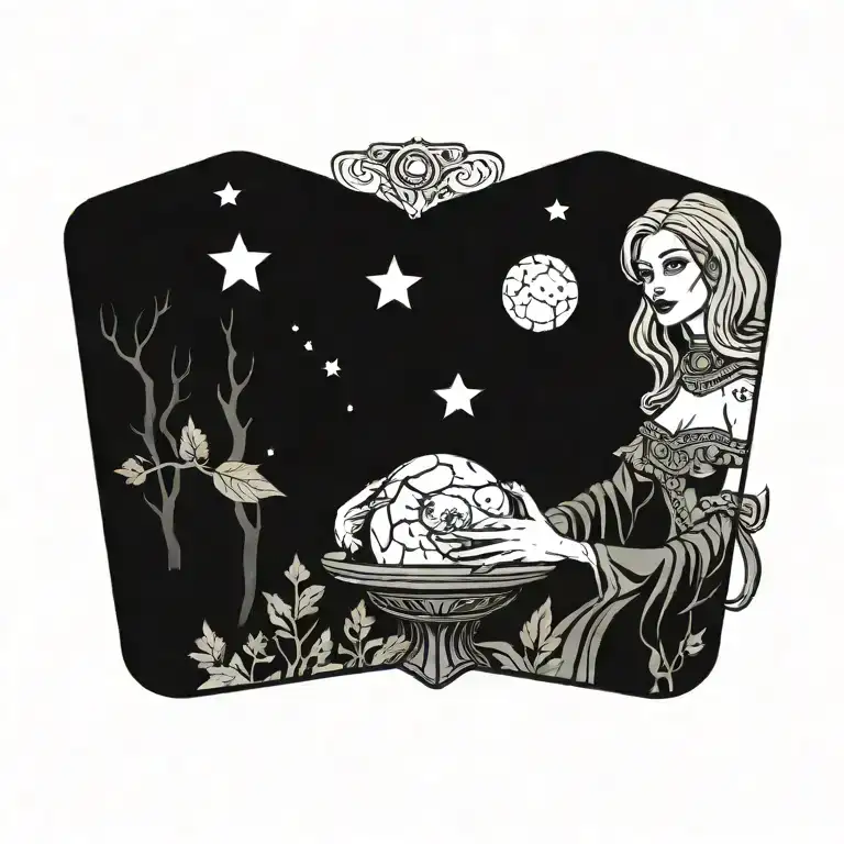 A tarot card featuring a witch with a magical crystal ball in a dark forest tattoo design idea