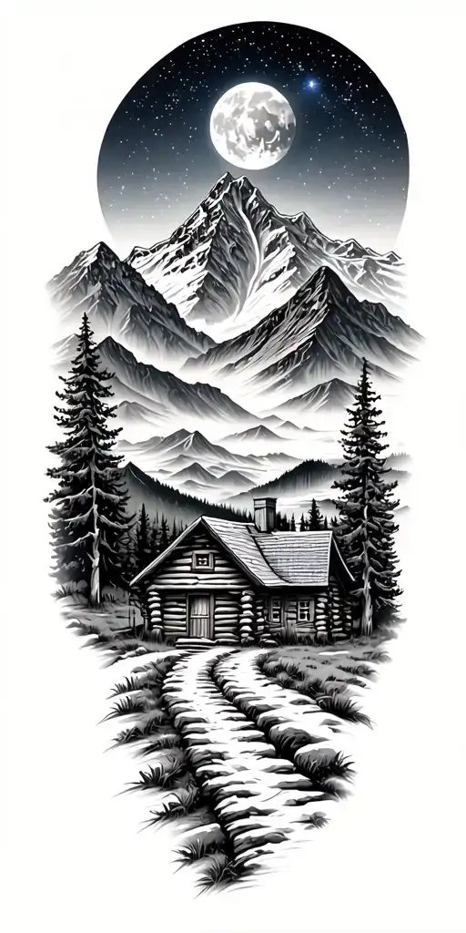 A mountain trail, with a log cabin ahead surrounded by mountains and a starry sky tattoo design idea