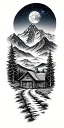 A mountain trail, with a log cabin ahead surrounded by mountains and a starry sky tattoo design idea