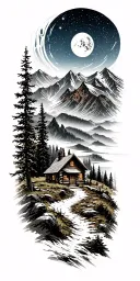 A mountain trail, with a log cabin ahead surrounded by mountains and a starry sky tattoo design idea