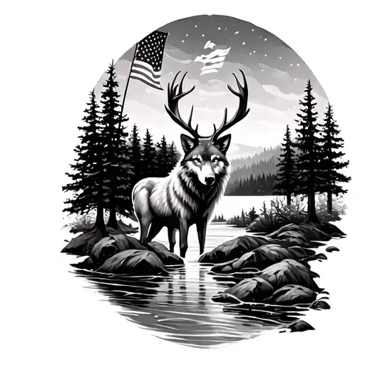 wolf deer with trees and American flag river tattoo design idea