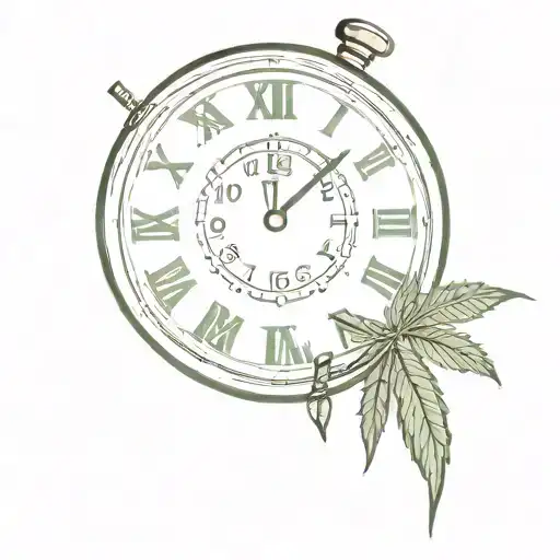 old fashioned round clock with the bells on top with the hands at 4:20 with a marijuana cigarette and marijuana leafs tattoo design idea