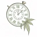 old fashioned round clock with the bells on top with the hands at 4:20 with a marijuana cigarette and marijuana leafs tattoo design idea