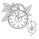 old fashioned round clock with the bells on top with the hands at 4:20 with a marijuana cigarette and marijuana leafs tattoo design idea