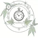 old fashioned round clock with the bells on top with the hands at 4:20 with a marijuana cigarette and marijuana leafs tattoo design idea