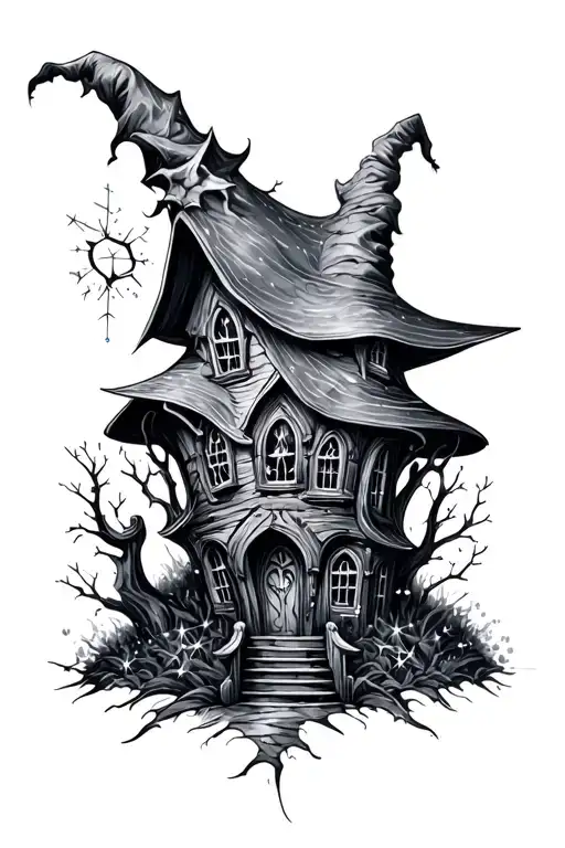 witch house with sparkles black grey tattoo tattoo design idea