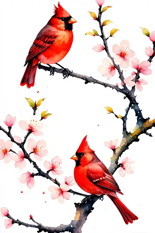 two cardinals perched on a single akebono cherry blossom branch, facing each other in an intimate pose tattoo design idea