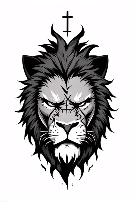 angry lion face with a cross scar over eye looking tattoo design idea
