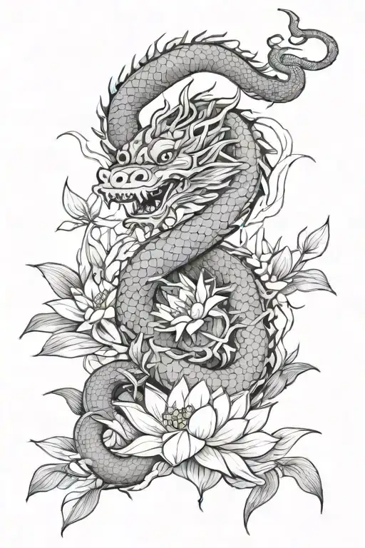Vietnamese Dragon wrapping around lotus flower with bamboos  tattoo design idea