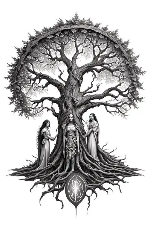 freya norse goddes growing together ygg drasil tree tattoo design idea