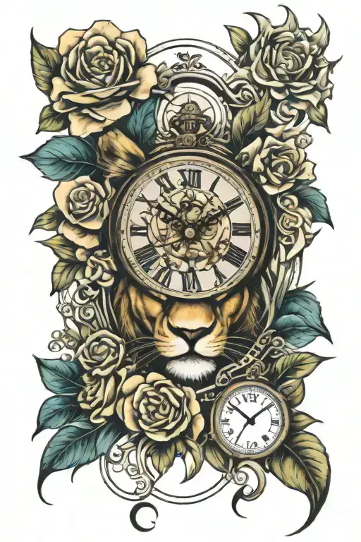clock, flowers, lioness, woman eye tattoo design idea