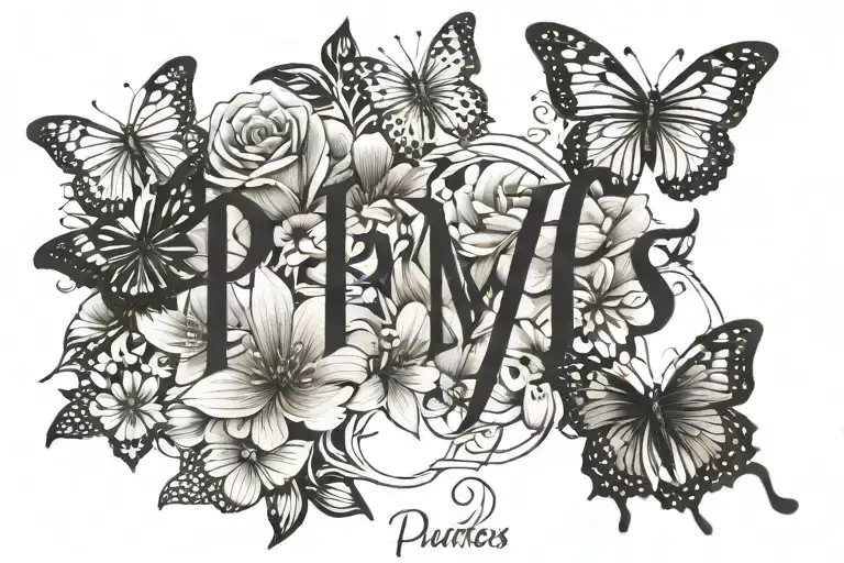 flower with name Puentes written vertically with some butterflies tattoo tattoo design idea