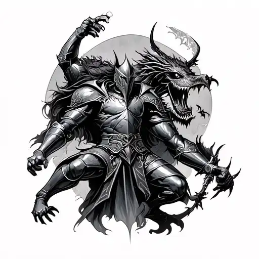 Overthinking knight fighting demons tattoo design idea