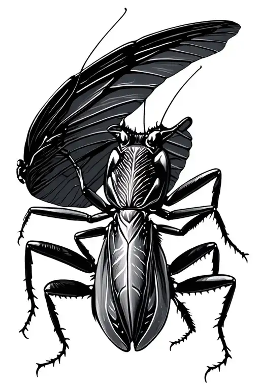 Black and white mantis on a white background. In gloomy atmospheric subjects. He stretches sideways, the wings of the rot tattoo design idea