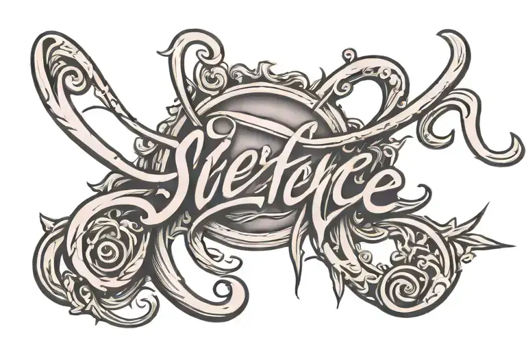 A bold cursive tattoo spelling out 'Silence' in sharp, street-style lettering. The letters should be sleek and connected tattoo design idea