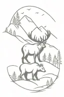 a buck and a bear in solid black with mountains in the background and pine trees tattoo design idea