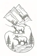 a buck and a bear in solid black with mountains in the background and pine trees tattoo design idea