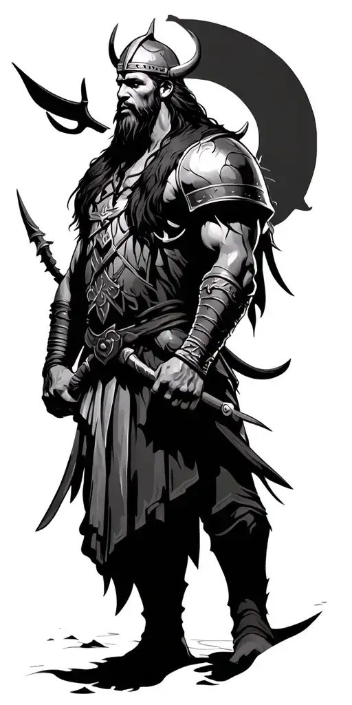 viking warrior, mythical creatures and ships tattoo design idea