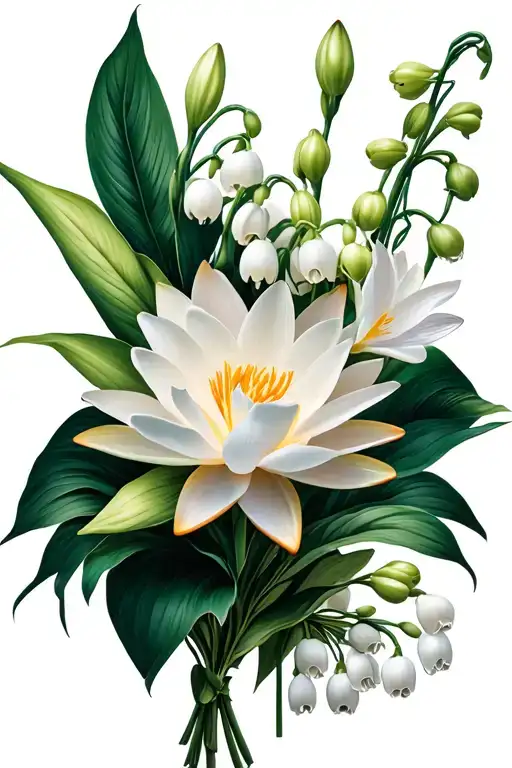 Water Lily, Lily of the Valley, and Gladiolus flower bouquet tattoo design idea