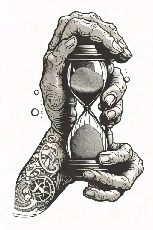 old person's hand holding an hourglass, the bottom part has broken glass, and sand is falling out  tattoo design idea