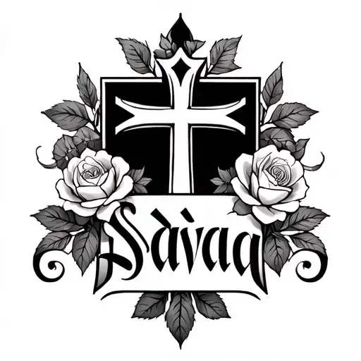 "Slavica" Small black and white tattoo, elegant cursive, with a Serbian Orthodox cross Slavic floral elements like wild roses. tattoo design idea