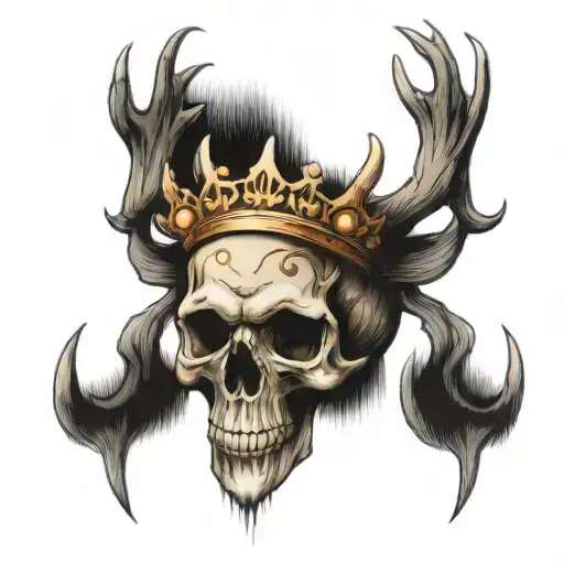 Human scull with curved deer antlers and a crown tattoo design idea