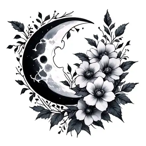 gothic moon and flowers tattoo design idea