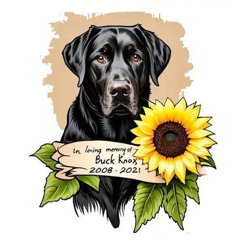 black lab with sunflower and a statment "in loving memory of buck knox 2008 to 2021" tattoo design idea