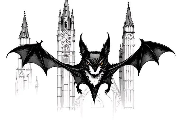 bat with gothic architecture in background tattoo design idea