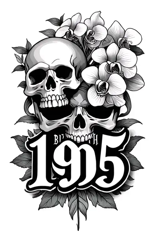 Birth year 1995 written in old English with some skulls & orchids tattoo design idea