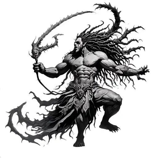 dreadloc warrior battling demons tattoo design idea