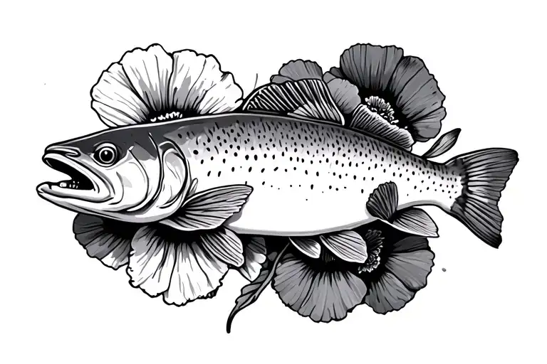 Rainbow trout with poppy flower tattoo design idea