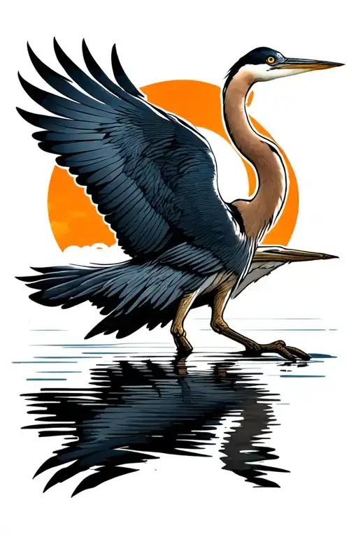 great blue heron with water and sun rising tattoo design idea