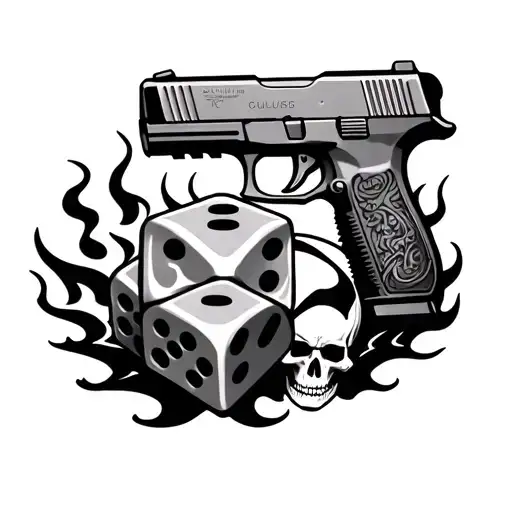 flaming dice with Glock and skulls tattoo design idea