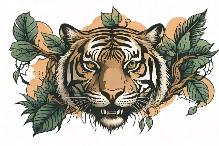 Tiger face behind a nature elements like trees colors sunset and waterfall tattoo design idea