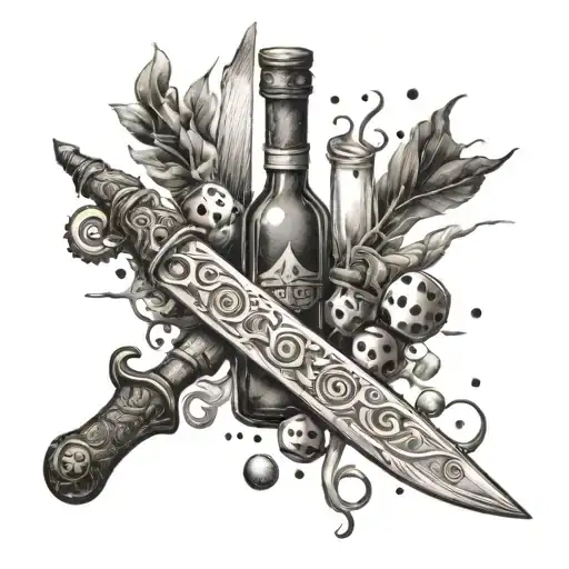 An intricate dotwork tattoo of a cook's knife morphing into a magical wand, with DnD dice and potion bottles scattered around tattoo design idea