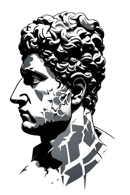 greek statue that looks powerful with cracks all over it. make it a side profile kind of. not straight on tattoo design idea
